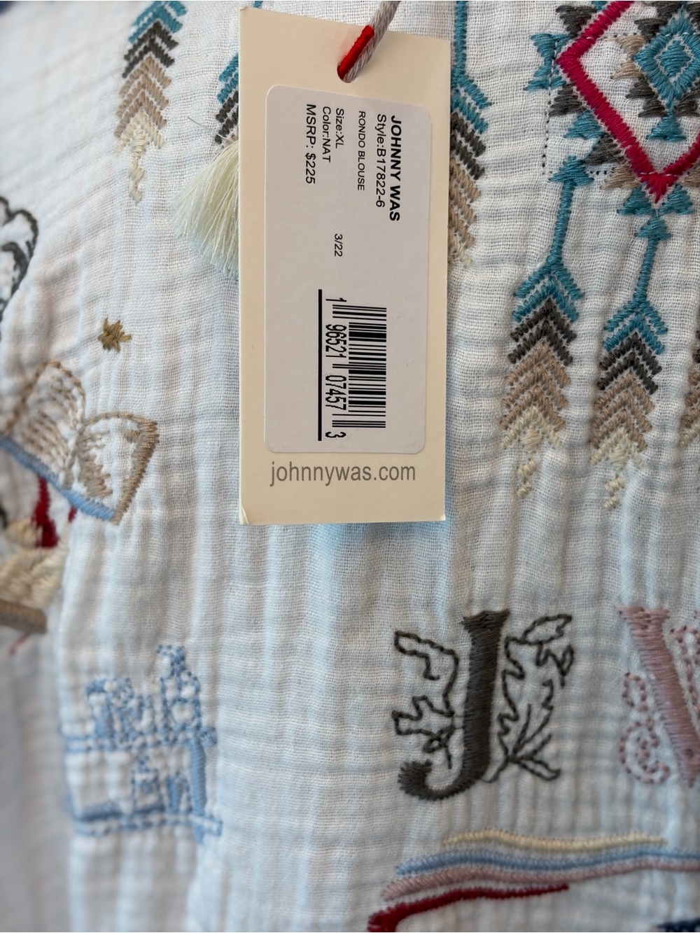 Johnny Was White Embroidered Boho Tunic with Multi-Color Accents - Picture 5 of 6